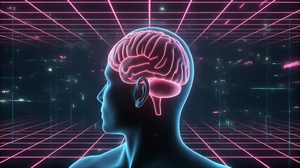Futuristic brain scan glowing in digital neon grid. - Powered by Adobe