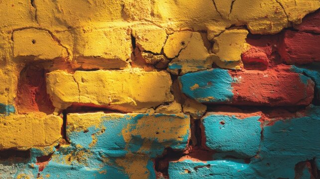 A colorful distressed yellow brick wall with peeling multicolored layers and authentic texture for urban background designs