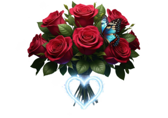 Beautiful bouquet of red roses with a glowing heart and butterfly isolated on transparent background