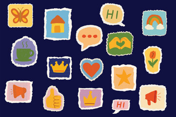 Different cute Doodle Sticker Set on Torn Paper