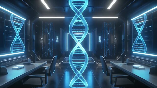 Futuristic DNA lab glowing with digital blue lights - Powered by Adobe