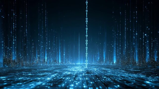 Futuristic digital cityscape with glowing data streams and binary code matrix technology background in blue light