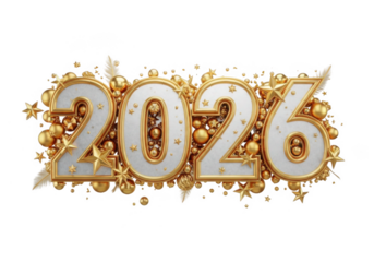 Elegant golden 2026 numbers with festive ornaments isolated on transparent background