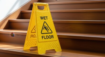 Bright yellow wet floor sign with safety warning, cautionary message on polished wooden stairs in natural light