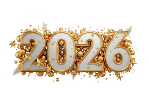 Elegant golden 2026 numbers with festive ornaments isolated on transparent background