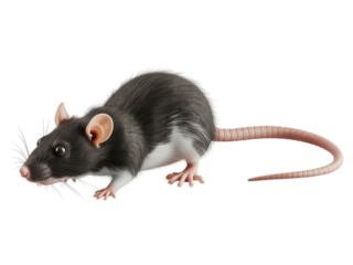 Black and white rat with long tail and pink ears on black