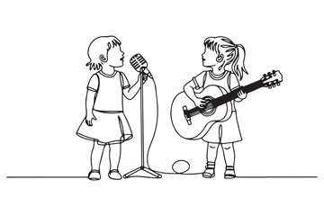 Continuous one line drawing Two little girls singing a song with a microphone and a guitar. Hangouts With Friends concept. one line Icon drawing with white background