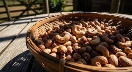 Fresh Cashews Ready For Consumption In Woven Busket On Picnic Wooden Table