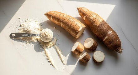 Fresh Cassava Roots And Cassava Flour On White Surface With Natural Sunlight