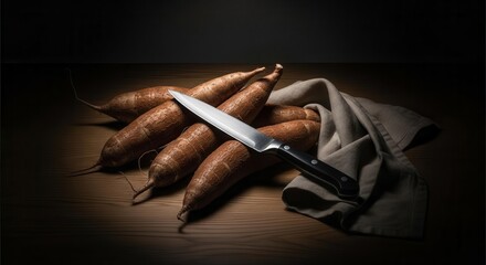 Fresh Cassava Roots Arranged With a Knife on a Wooden Surface in a Dramatic Setting