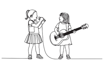 Continuous one line drawing Two little girls singing a song with a microphone and a guitar. Hangouts With Friends concept. one line Icon drawing with white background