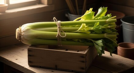 Fresh Celery Bundle Resting on Rustic Wooden Crate Near Bright Window Light