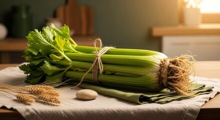 Fresh Celery Bundle On Wooden Table With Wheat Stalks And A Small Rock