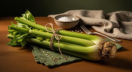Fresh Celery Bundle With Bowls Of Salt And Elegant Fork On A Wooden Surface