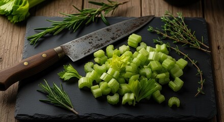 Fresh Celery Cubes Ready For Cooking With Herbs and Knife on a Black Slate Base