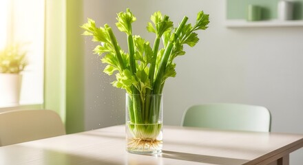 Fresh Celery Displayed In A Glass Vases On A Rustic Wooden Table Setting