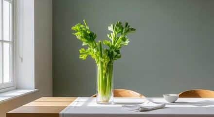 Fresh Celery Displayed Beautifully Within A Glass Vase On A Wooden Table