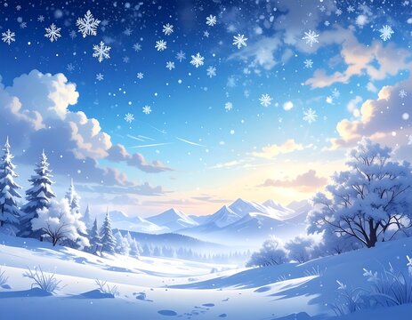 Snowy winter landscape with falling snowflakes under a bright blue sky