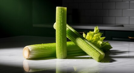 Fresh Celery Stalks Displayed On A Kitchen Counter With Attractive Lighting