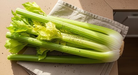 Fresh Celery Stalks on Linen: A Vibrant Still Life of Healthy Green Vegetables