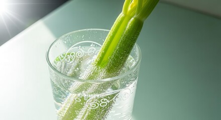 Fresh Celery Stalks Submerged In Sparkling Water Within A Glass For Refreshment