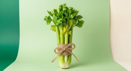 Fresh Celery Tied With Burlap and Bow Against a Colorful, Textured Background Display