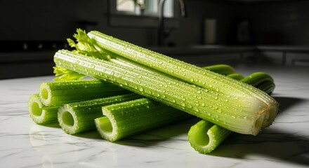 Fresh Celery Sticks with Water Drops Laying on a White Marble Kitchen Surface