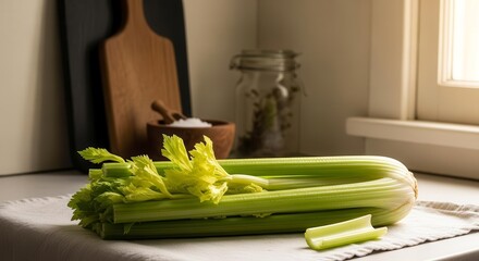 Fresh Celery Vegetable And Culinary Ingredients Composition In Kitchen Setting