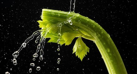 Fresh Celery Under Water Shower, Vibrant Green Splash Against Black Background