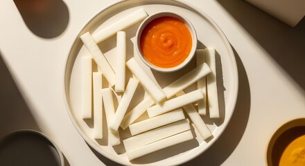 Fresh Cheese Sticks And Sauce Arranged Elegantly On A White Plate Ready To Enjoy