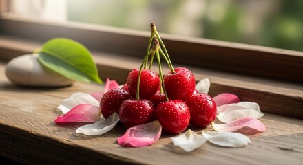 Fresh Cherries Adorned With Petals: A Captivating Composition on Wooden Surface