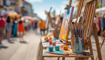 Outdoor art fair with easels paintbrushes and colorful paintings on display image