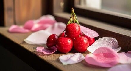 Fresh Cherries Adorned With Rose Petals on Rustic Wooden Surface, Natural Beauty