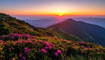 Sunrise over mountain range with blooming pink flowers in foreground