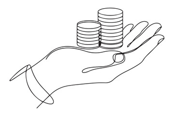 Single one line drawing hand hold coins on literacy. Financial literacy concept. Continuous line draw design. one line Icon drawing with white background