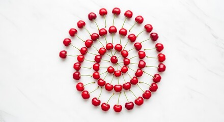 Fresh Cherries Arranged in a Spiral Shape on a White Marble Surface