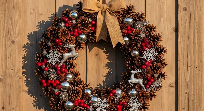 Rustic pinecone christmas wreath adorned with red berries silver ornaments and reindeer accents hanging on a wooden wall - Powered by Adobe