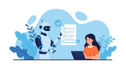 AI assistant helping a businesswoman with tasks on a laptop illustrating productivity automation and artificial intelligence in a modern workplace.