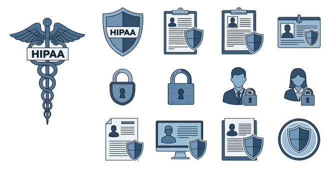 hippa compliance icons illustrating data protection and secure medical records management suitable for healthcare infographics and digital privacy tutorials