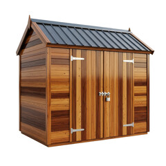 Wooden shed with metal roof and locked doors isolated illustration on transparent background