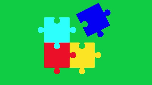 Color-changing puzzle piece animation on a green screen background, perfect for chroma key editing, motion graphics, transitions, educational visuals, and creative video compositing projects.