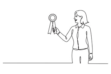 Single one line drawing happy woman gets award best employee. Personal development Concept. one line Icon drawing with white background