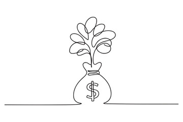 Continuous one line drawing small tree in money bag. Budget planning concept. Single line draw design. one line Icon drawing with white background