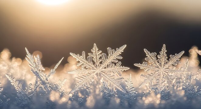 Intricate ice crystals and delicate snowflakes sparkle and shimmer in the soft golden light of a winter sunrise or sunset