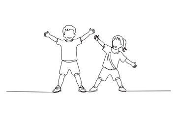 Single one line drawing happy kids doing exercise. Fitness activity concept. Continuous line draw design. one line Icon drawing with white background
