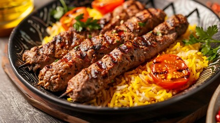 Close up of grilled kebab skewers with rice and grilled tomatoes on a decorative black plate