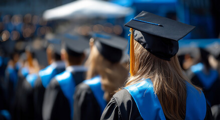 Graduation ceremony with students wearing black caps and blue sashes outdoors education achievement