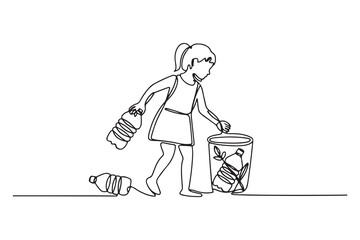 Continuous one line drawing happy girl pick up plastic bottle waste. World environment day concept. one line Icon drawing with white background