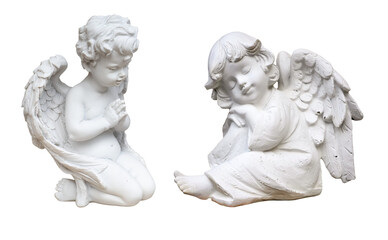 Two white plaster angel figures with wings, one praying, the other sleeping, on a transparent background, symbolizing peace, protection, and spirituality. PNG