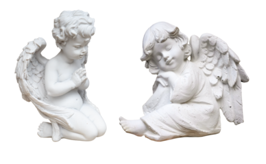 Two white plaster angel figures with wings, one praying, the other sleeping, on a transparent background, symbolizing peace, protection, and spirituality. PNG